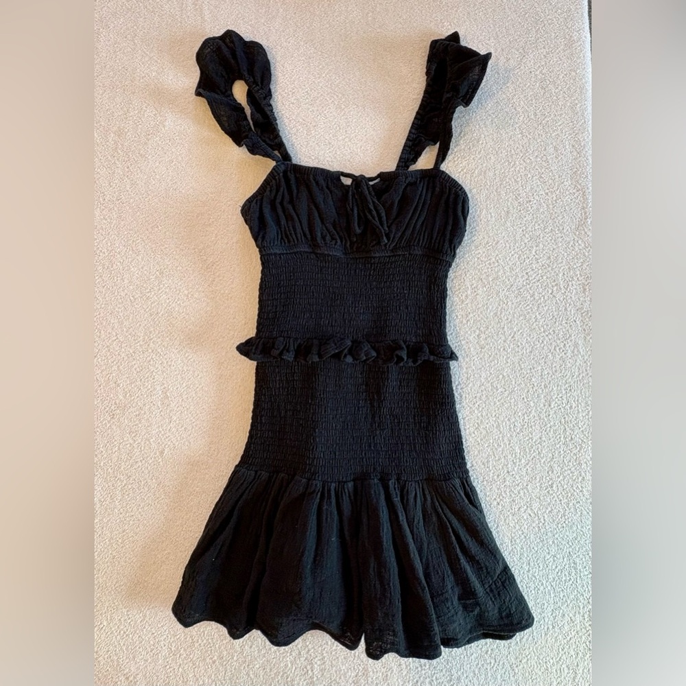 The Impeccable Pig Black Smocked Gauze Mini Dress M